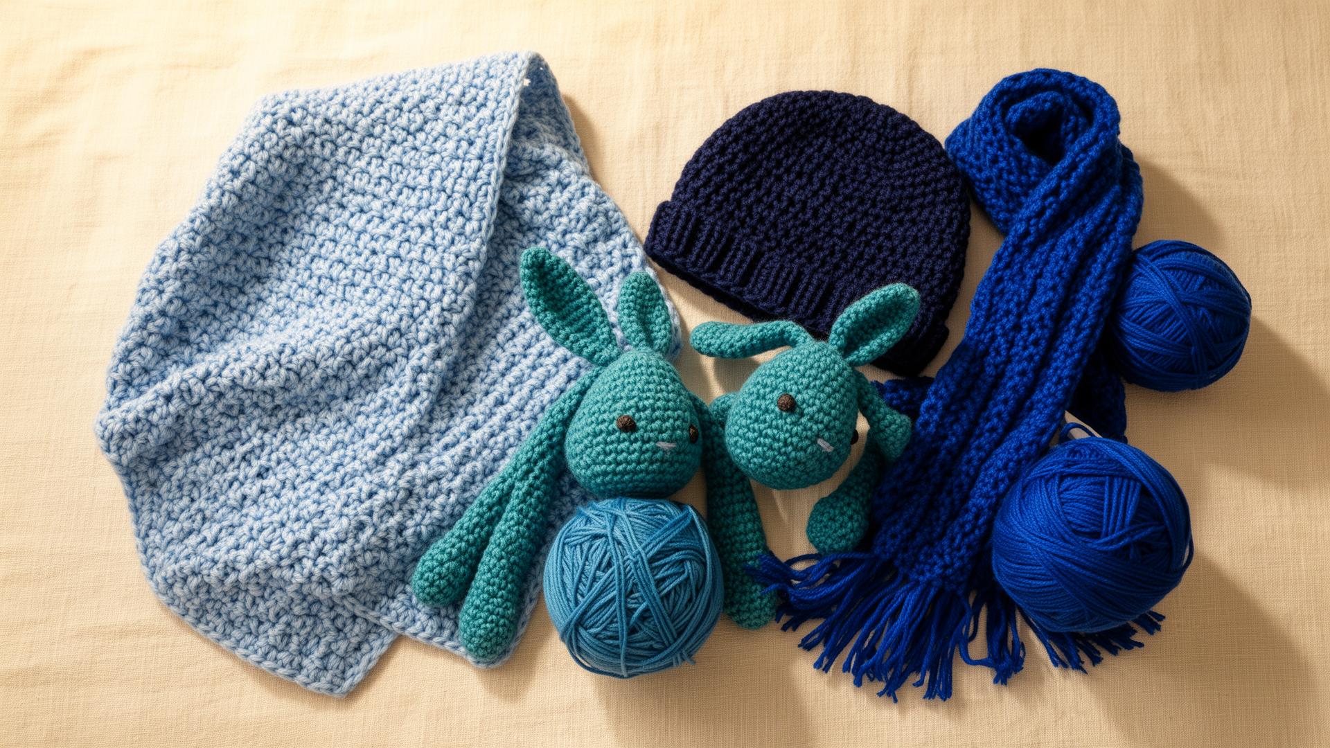 Handmade crochet pieces in shades of blue: blanket, beanie, bunny, scarf and yarn